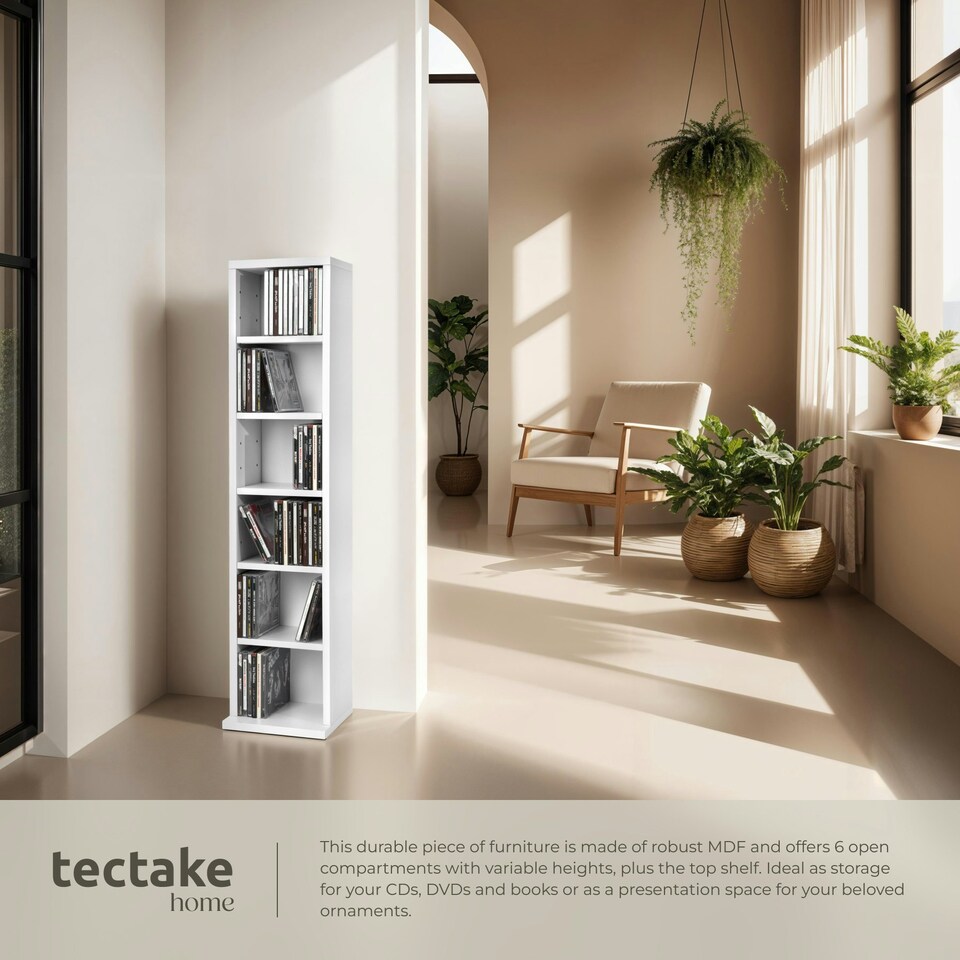 image 1 of CD DVD Storage Tower Media Display Unit Adjustable Shelves Wood Effect 102 CDs or 27 DVDs White