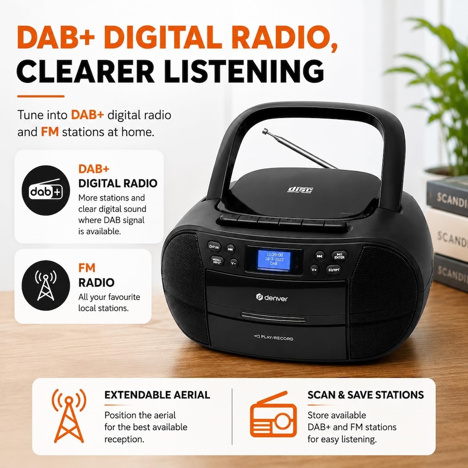 image 1 of Denver Portable Radio CD Tape Cassette Player With DAB Radio – Mains or Battery Power - TDC-280 | Black