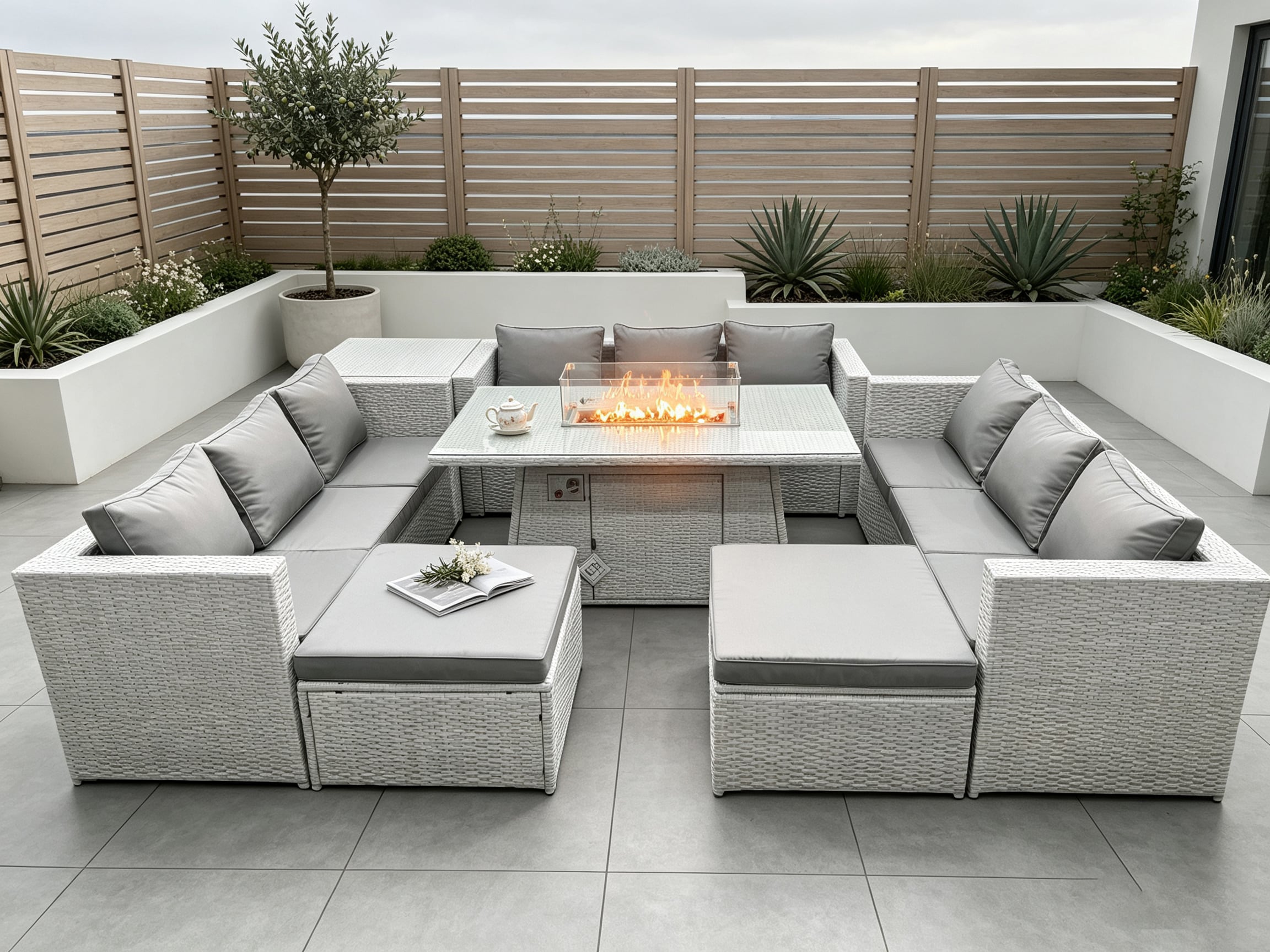 Fimous 11 Seater Outdoor Garden Dining Sets Rattan Furniture Gas Fire Pit Dining Table Gas Heater with Side Table 2 Big Footstools Light Grey