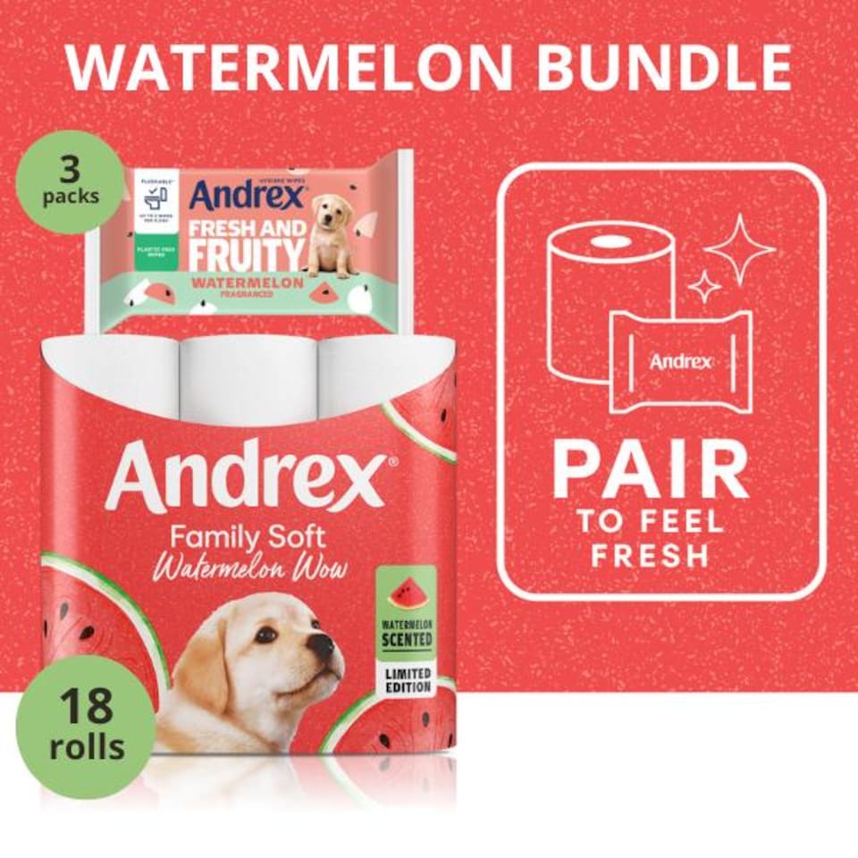 Andrex Watermelon Bundle - 27 Rolls Family Soft Watermelon Scented Toilet Roll & 3 x Packs Fresh & Fruity Wipes