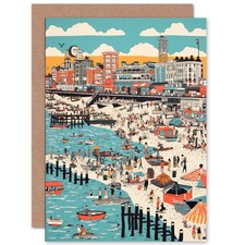 Brighton Beach Warm Summer Day Colourful Travel Art Card