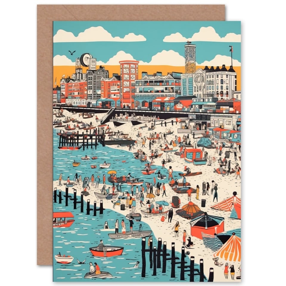 image 1 of Brighton Beach Warm Summer Day Colourful Travel Art Card