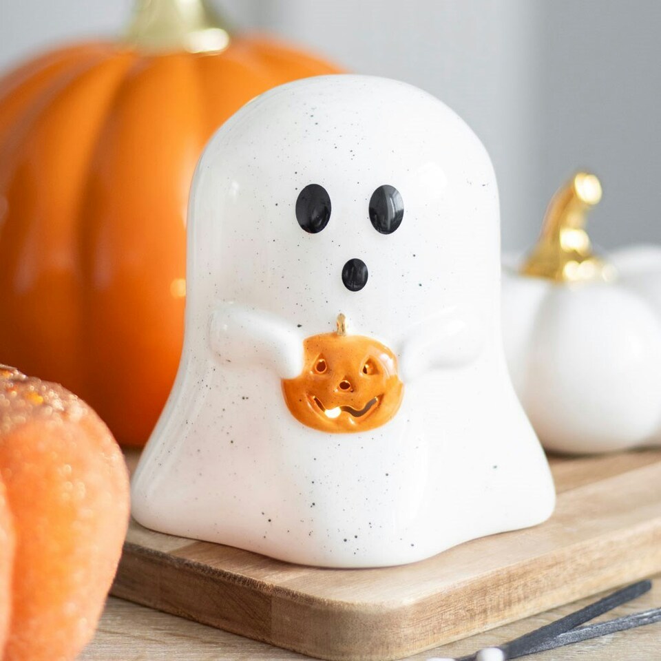 image 1 of Ghost Shaped Tealight Holder With Pumpkin