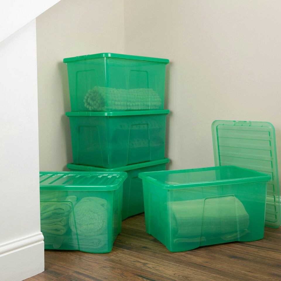 image 1 of Wham Crystal 5 x 60L Stackable Plastic Storage Boxes with Lids Green