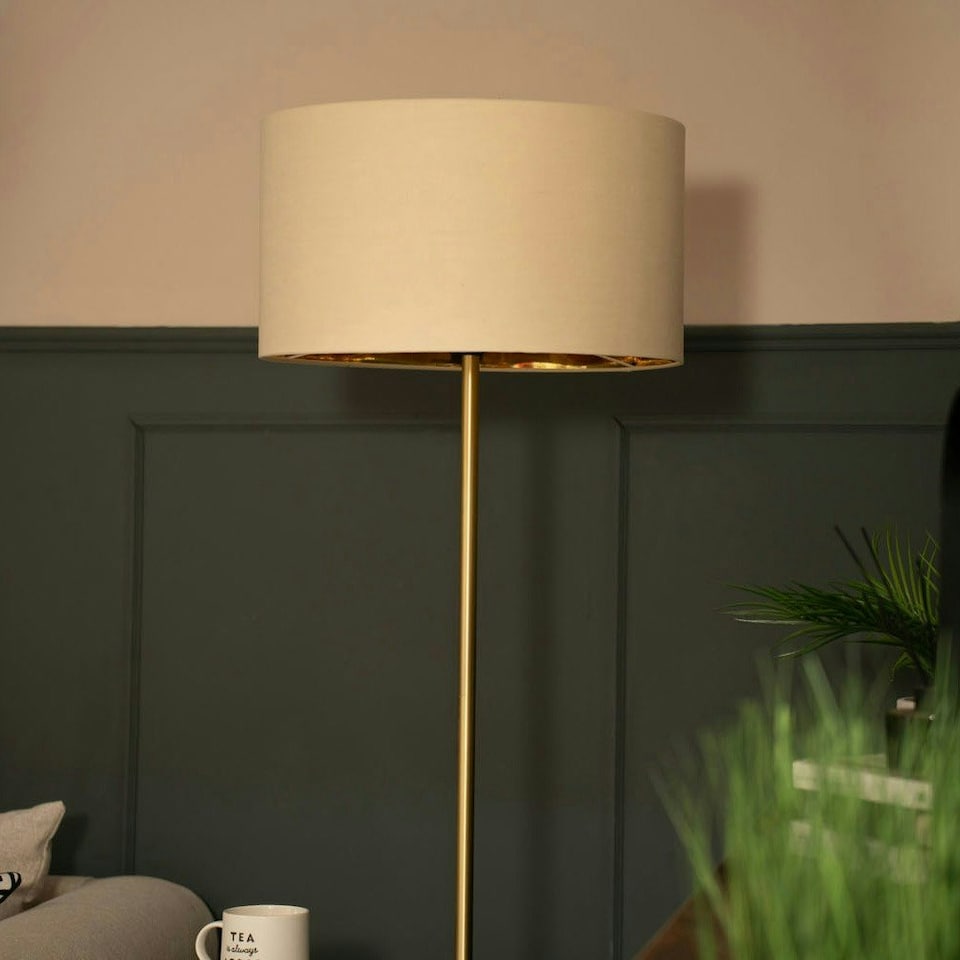 image 1 of ValueLights Tavel Brushed Gold Floor Lamp with Table and Beige/Gold Shade Cream