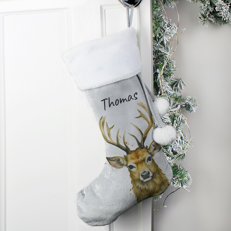 image 1 of Personalised Stag Silver Grey Stocking