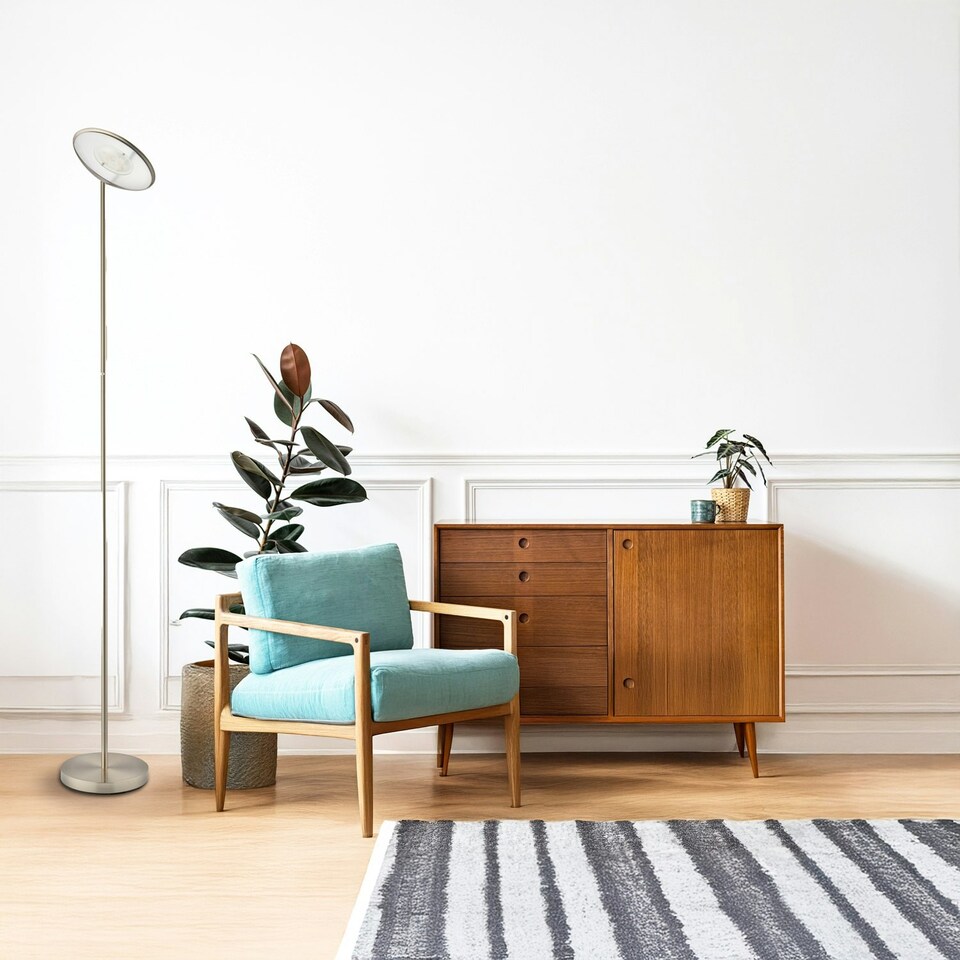 image 1 of Modern LED Uplighter Metal Floor Lamp in Satin Nickel with Memory Dimmer Button | Silver