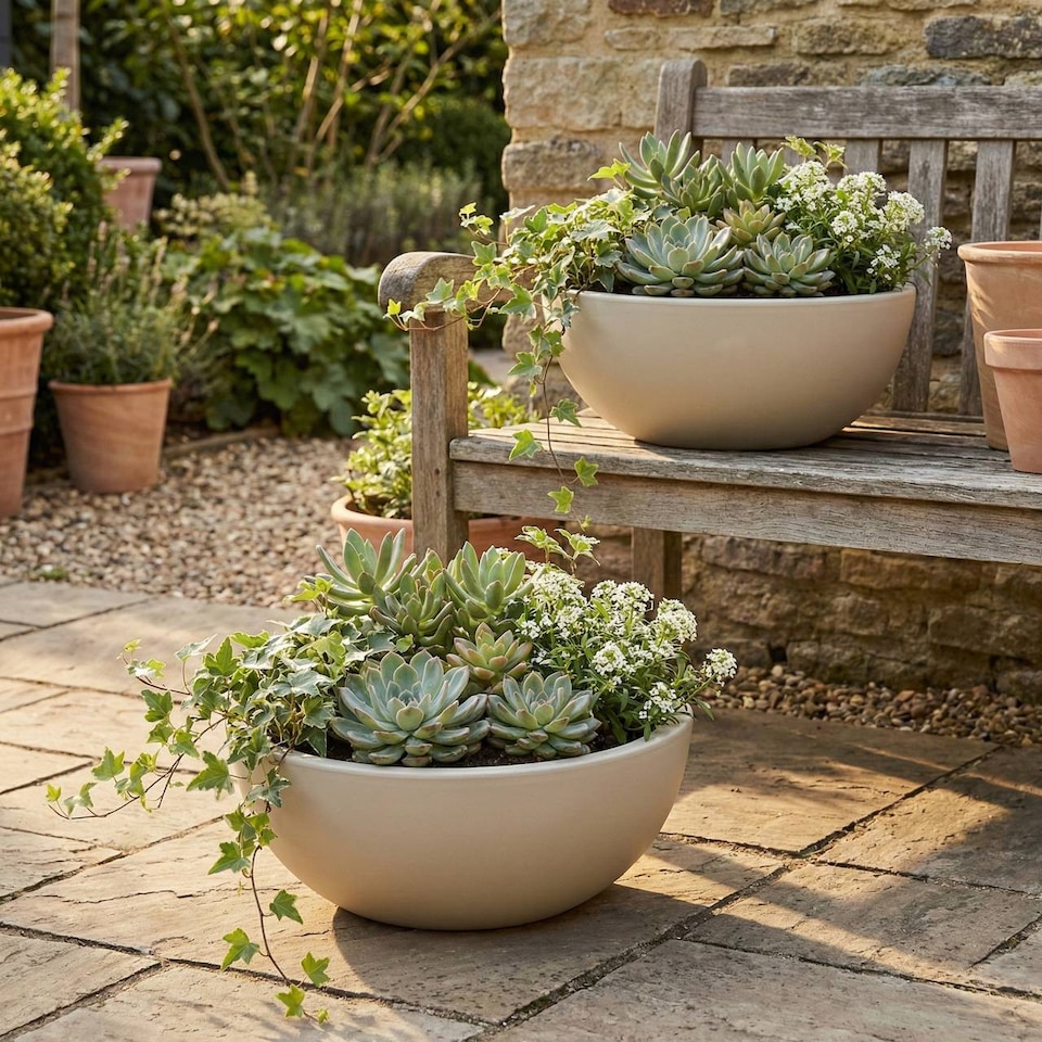 image 1 of 40cm Large Round Decorative Planter | Cream | 2