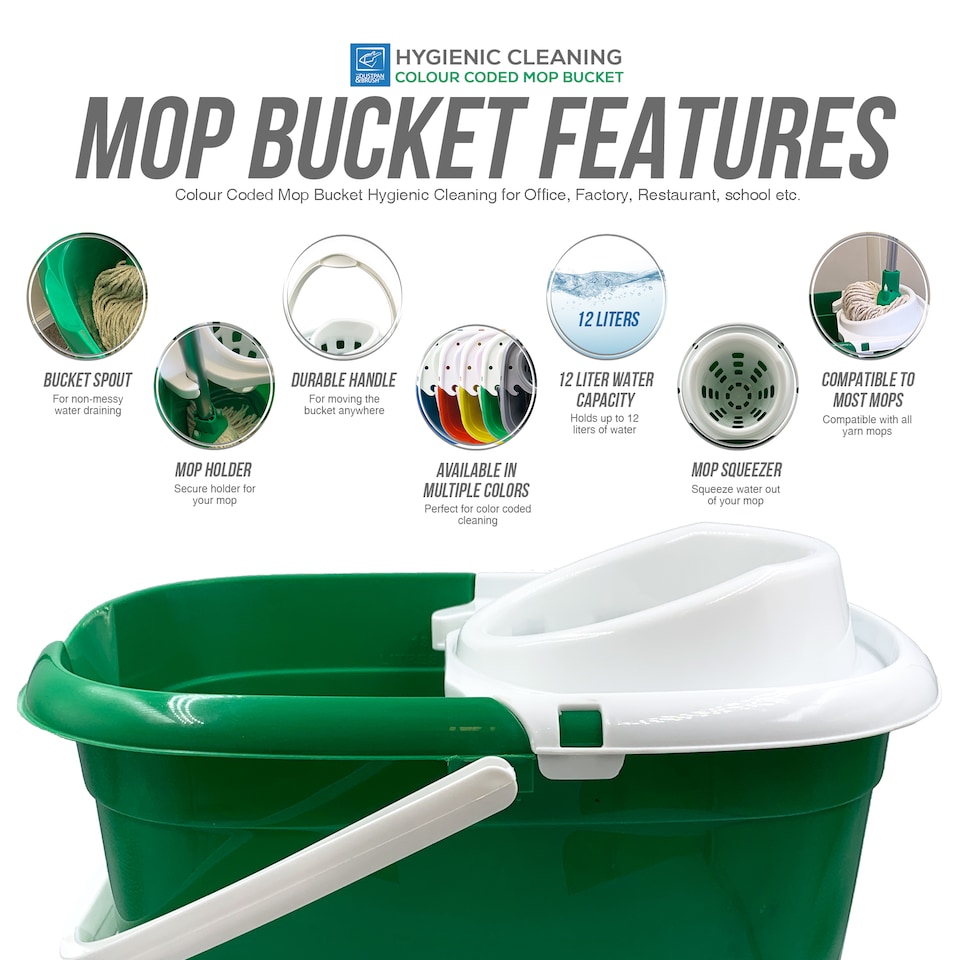 image 1 of Colour Coded Mop Bucket with Removable Wringer 12L Heavy Duty Plastic Cleaning Bucket for Home Kitchen and Catering