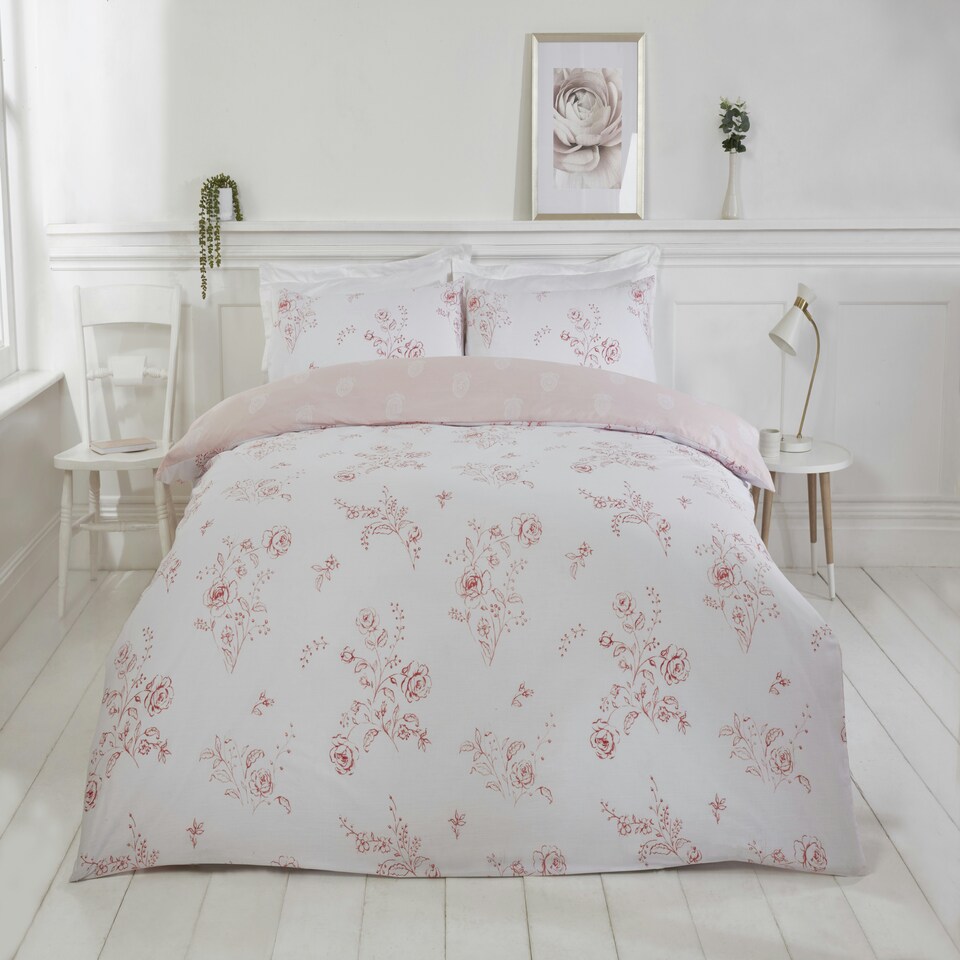 image 1 of PH Sadie Floral Polycotton Reversible Duvet Cover Set with Pillowcase Pink | Single
