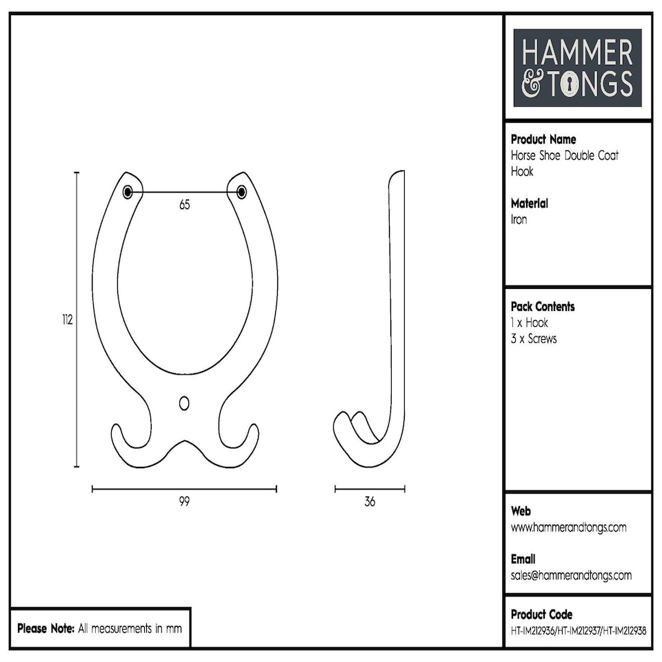 image 1 of Hammer & Tongs Horse Shoe Double Coat Hook - W100mm x H110mm - Black | Black | Black | One Size