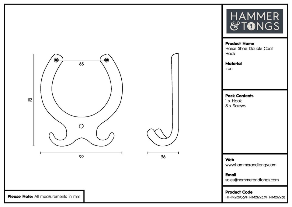 image 1 of Hammer & Tongs Horse Shoe Double Coat Hook - W100mm x H110mm - Black | Black | Black | One Size