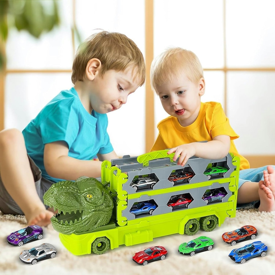 image 1 of Portable Dinosaur Race Track Truck Toy Car Transport Carrier Play Set with 6 Racing Cars – Educational and Storage Toy for Kids