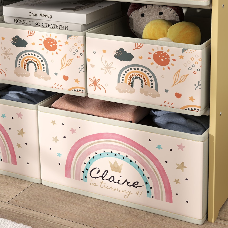 image 1 of AIYAPLAY 3-Tier Toy Organiser Shelf with 9 Storage Boxes for Bedroom Yellow