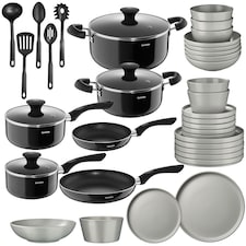 Dinnerware Set for 6 People with Plates, Bowls, Utensils, Pots and Pans | Grey | grey/black | 39 pc | 1