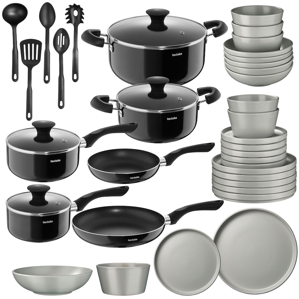 image 1 of Dinnerware Set for 6 People with Plates, Bowls, Utensils, Pots and Pans | Grey | grey/black | 39 pc | 1