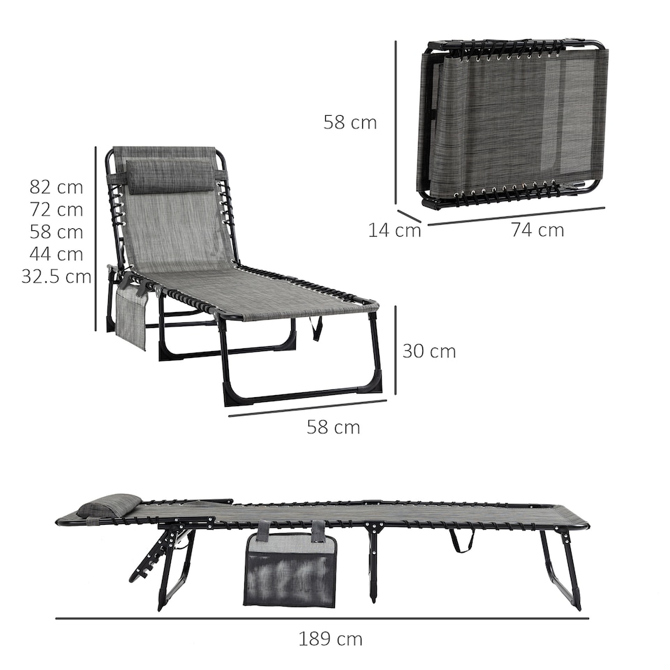 image 1 of Outsunny Portable Sun Lounger, Folding Camping Bed Cot, Reclining Lounge Chair 5-position Adjustable Backrest with Side Pocket, Pillow for Patio Garden Beach Pool | Grey
