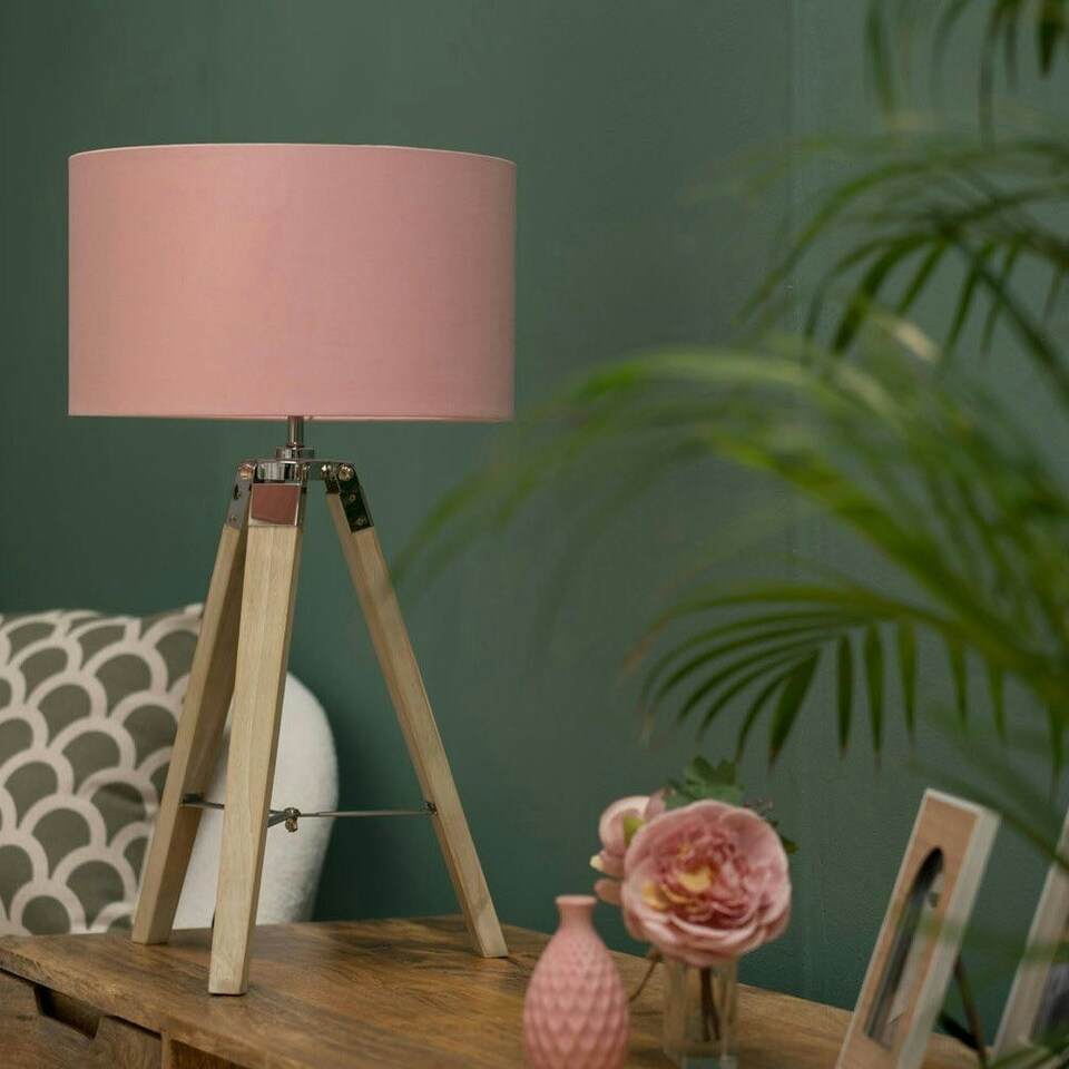 image 1 of ValueLights Clipper Light Brown Tripod Table Lamp Medium Pink Shade