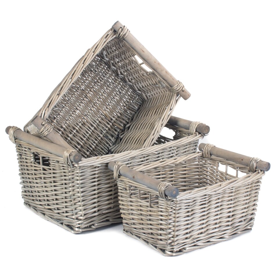image 1 of Set of 3 Antique Wash Wooden Handled Wicker Storage Basket | Grey | Grey | Not provided