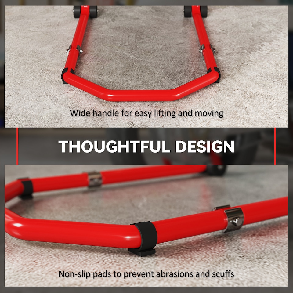 image 1 of HOMCOM Motorcycle Stand Lift, 390 kg Capacity Convertible Front/Rear Motorbike Motorcycle Paddock Lift Stand with Adjustable U+L Fork Pin Adaptors, Wheels, Clamping Clips, Red