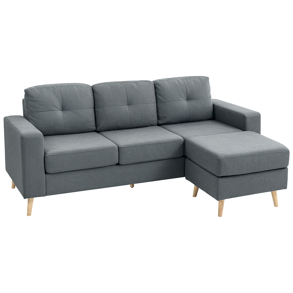 image 1 of HOMCOM 3-Seater L-Shaped Linen Sofa w/ Sponge Seat Back Cushions, Dark Grey Black