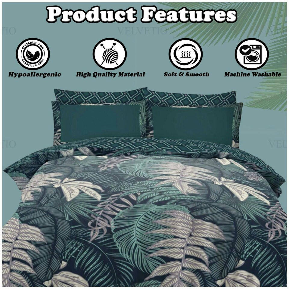 image 1 of VELVETIO Palms Complete Duvet Cover Set with Fitted Sheet Breathable Bedding Quilt Green | Double