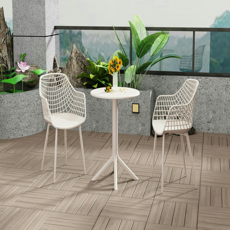 image 1 of Rimini Round Table and 2 Lattice Armchair Bistro Set - Indoor and Outdoor Use with Durable Plastic and Metal Construction | Orange | Terracotta | One Size | 3