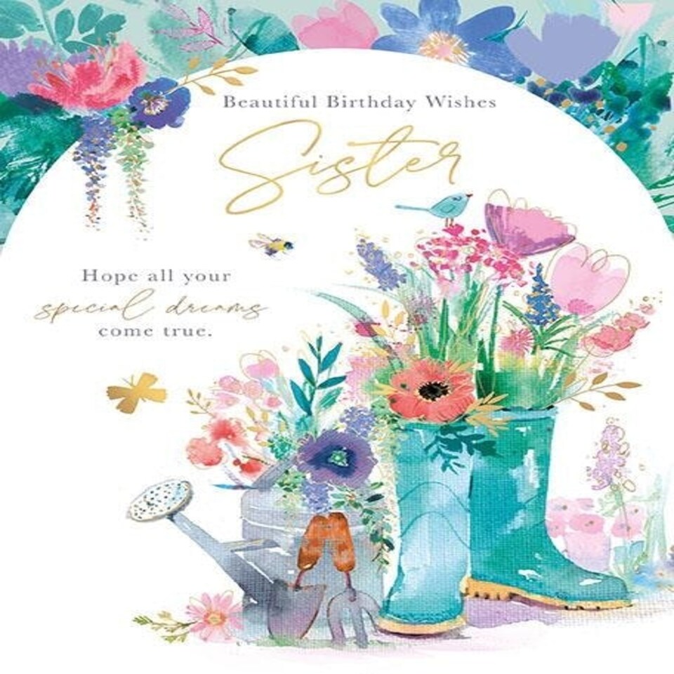 Words 'n' Wishes Sister Birthday Card, Pastel Floral Design, Gold Foil Finish
