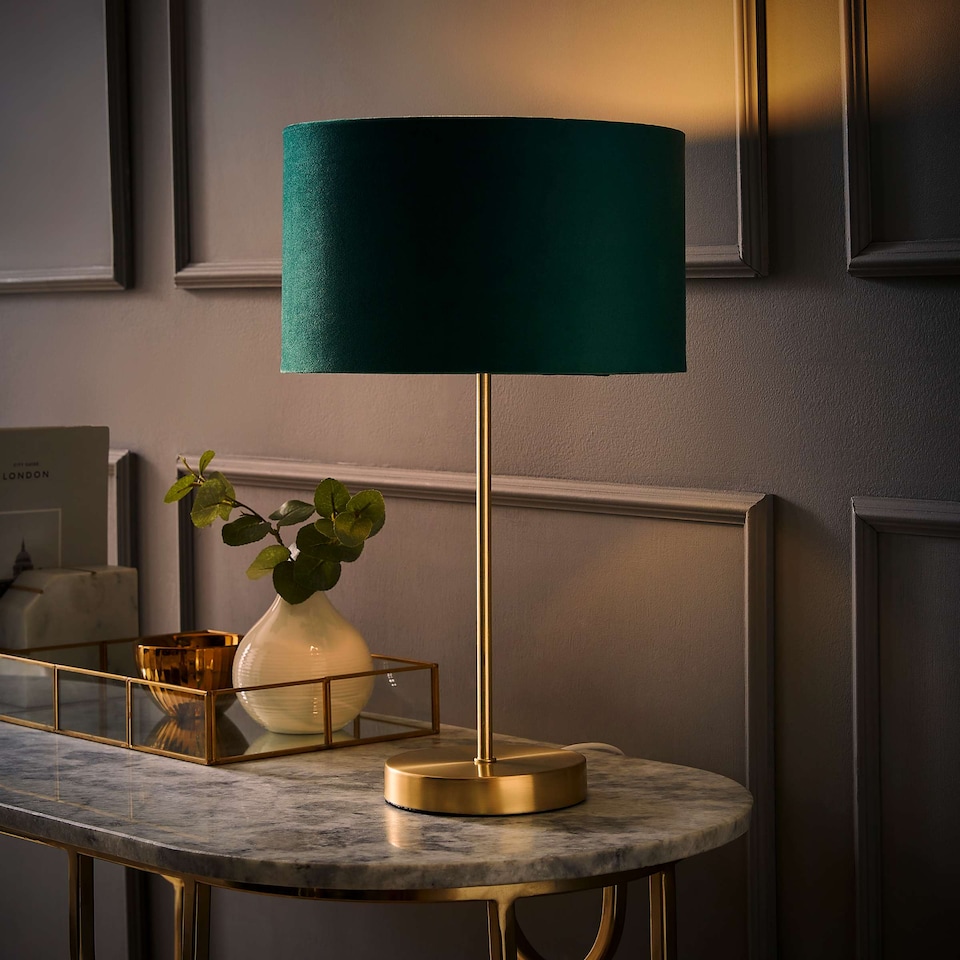 image 1 of ValueLights Charlie Gold Table Lamp Green Velvet Shade | Gold