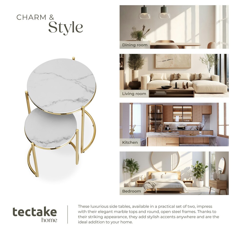 image 1 of Side Table Ellsa - marble top, steel frame, elegant design - Set of 2 | White | Gold