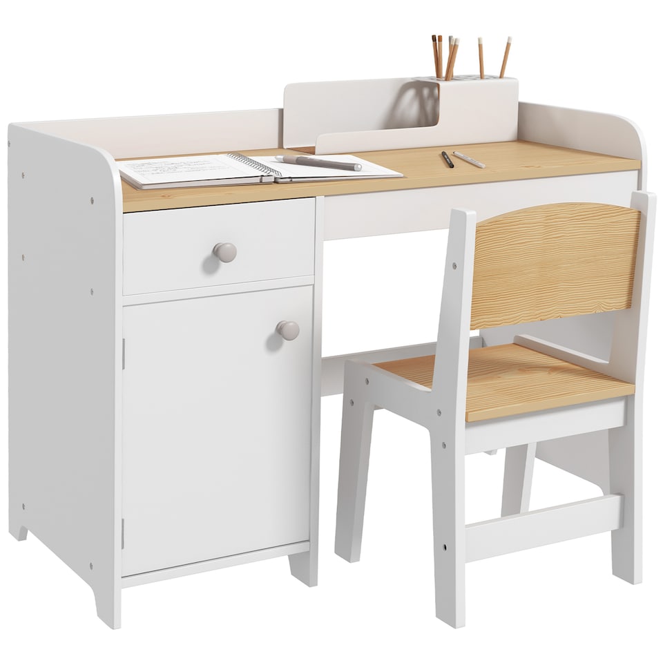 image 1 of ZONEKIZ Kids Desk and Chair Set for Ages 3-6 Years w Storage Drawer | White