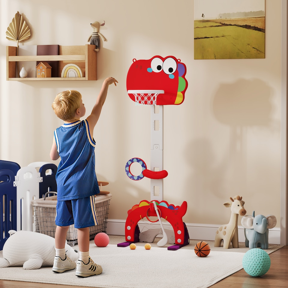 image 1 of AIYAPLAY 5-in-1 Basketball Set with Adjustable 96-130 cm Height, Red
