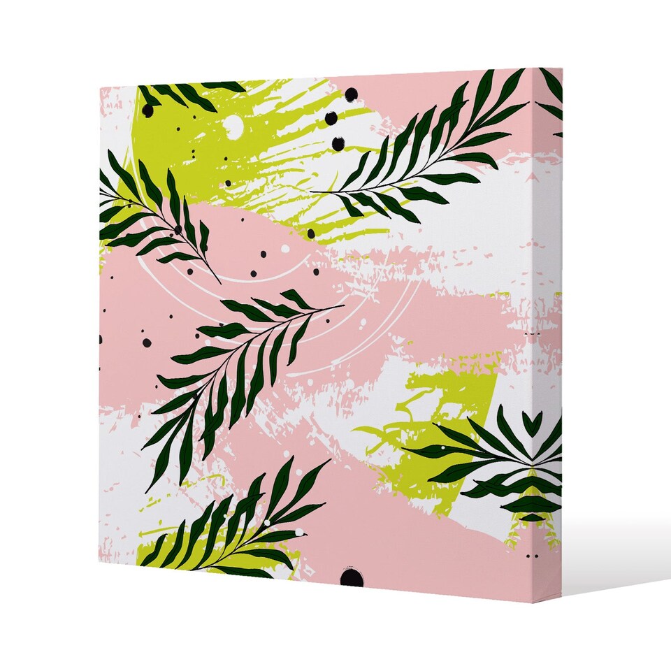 Green Leaves on Brush Strokes (Canvas Print) / 77 x 77 x 4cm | Multi