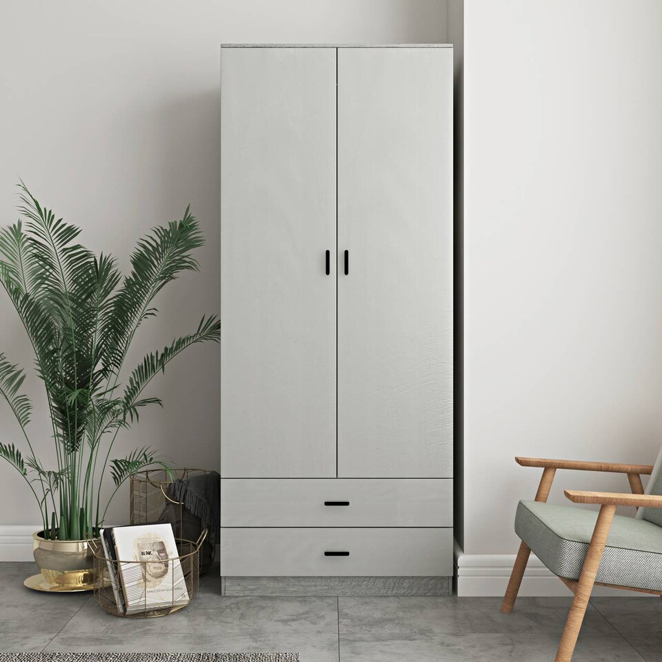 image 1 of 2-Door 2-Drawer Wardrobe with Storage Shelf, and Hanging Space - 180x75x46cm | Grey | Ash Grey & Grey | 1