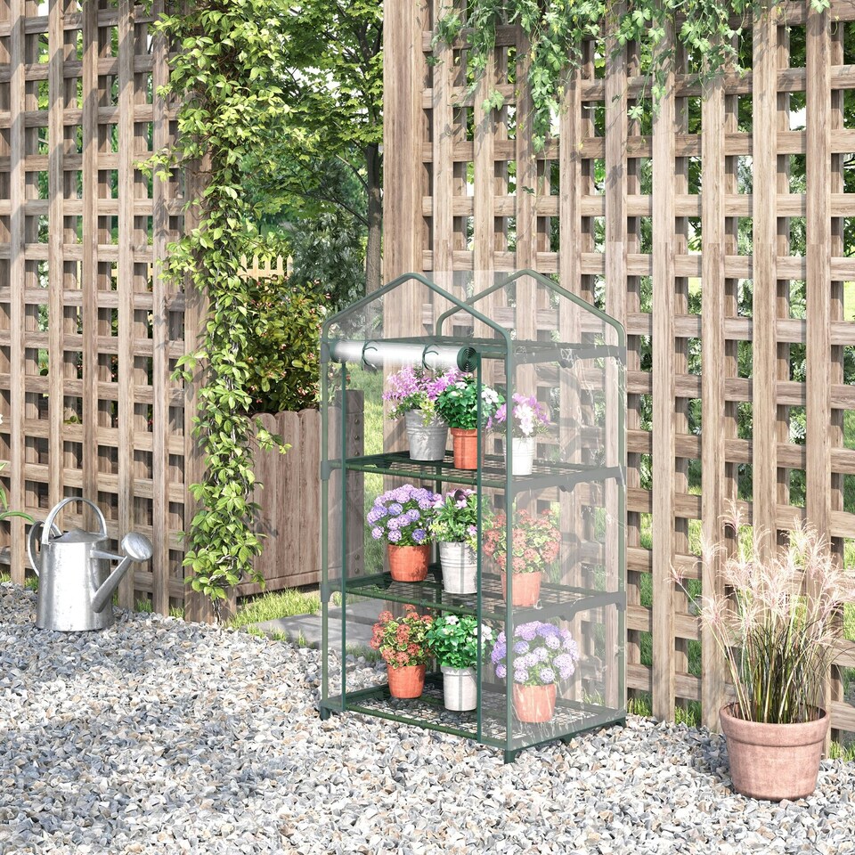 image 1 of Outsunny 3 Tier Mini Greenhouse Grow House w/ Roll Up Door, Clear