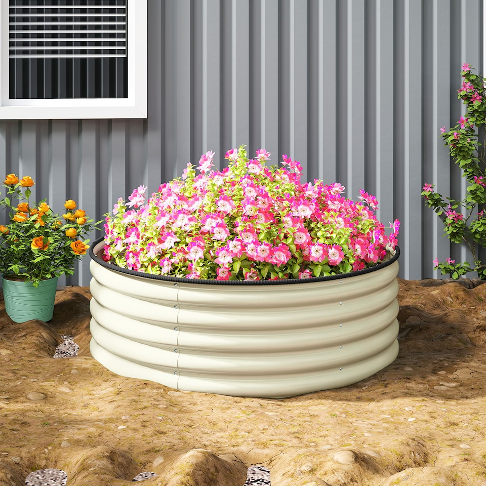 image 1 of Outsunny Galvanised Planter with Gloves, 120 x 120 x 43cm, Cream White | Cream | Cream