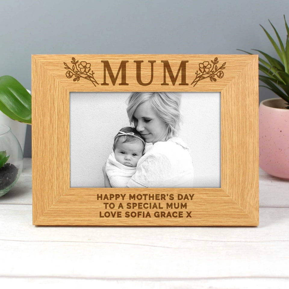 image 1 of Personalised Floral Mum 6x4 Oak Finish Photo Frame Brown | One Size