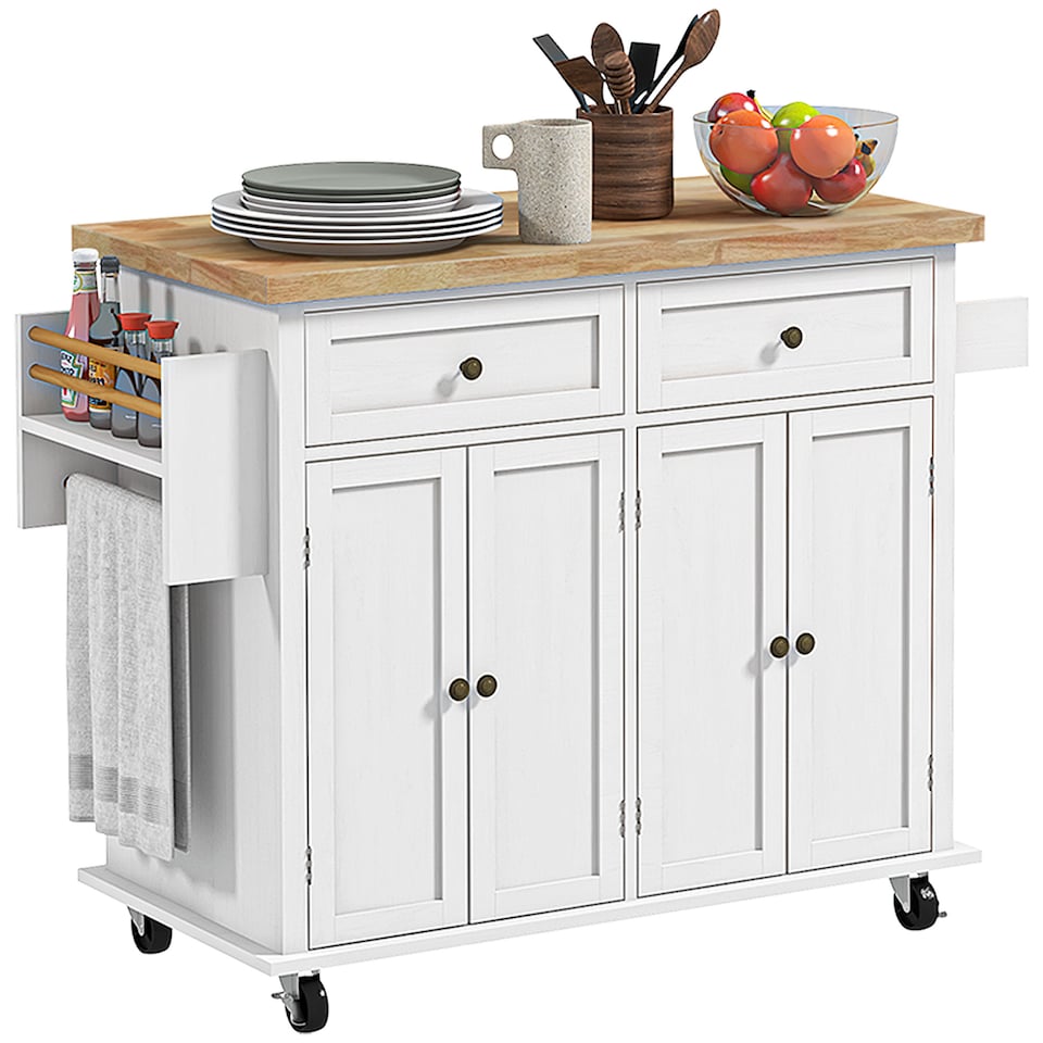 image 1 of HOMCOM Kitchen Island on Wheels, Rolling Kitchen Storage Trolley with Rubber Wood Top, Drawers, Adjustable Shelves, Towel and Spice Rack for Dining Room, White