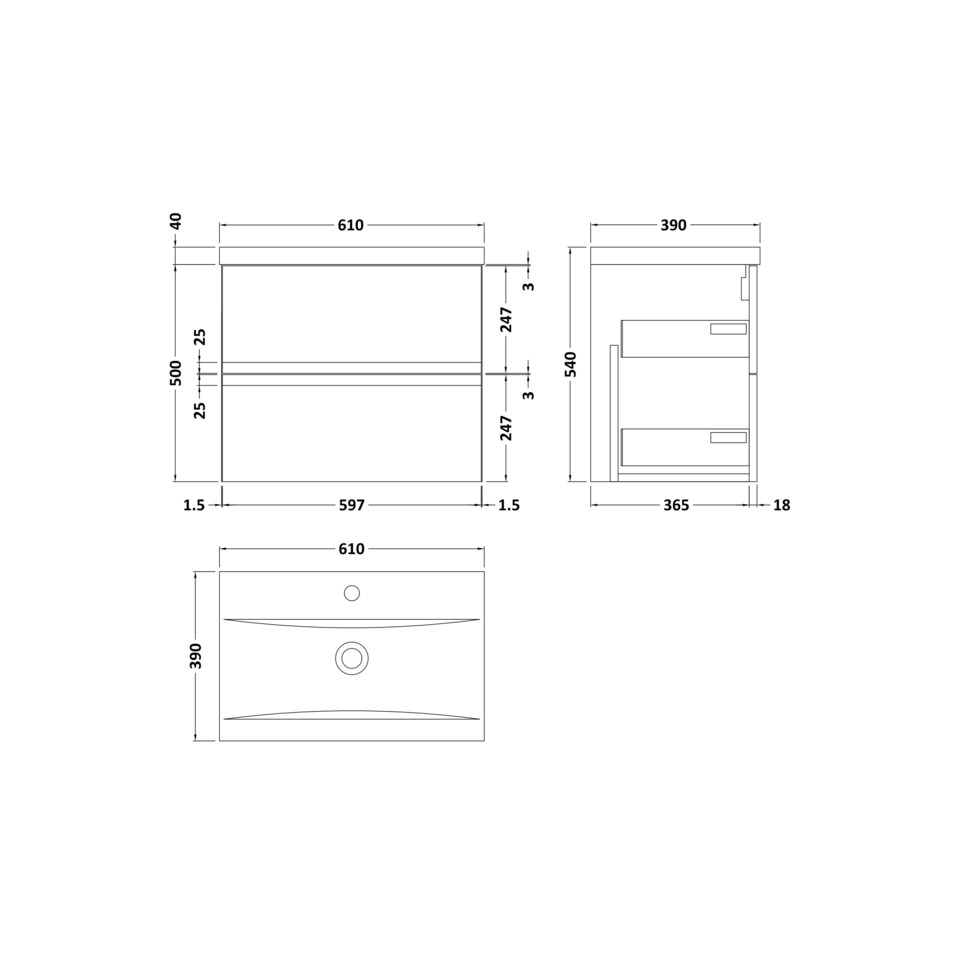 image 1 of Balterley Mavesyn Contemporary 2 Drawer Wall Hung Vanity Unit with Mid-Edge Basin, Satin White, 600mm