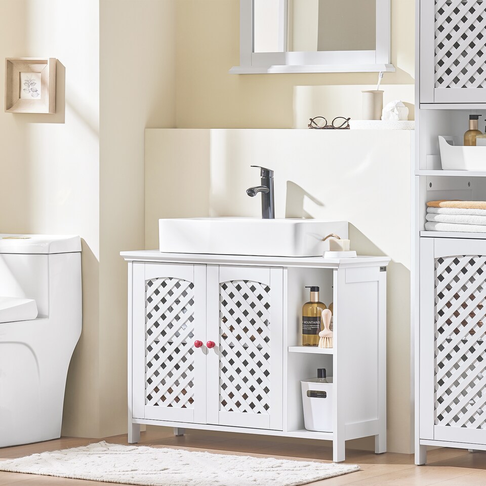 image 1 of SoBuy Under Sink Bathroom Cabinet with 2 Doors & Open Shelf, White, 31.4x12.4x23.8 in, 13.4 kg - BZR210-W