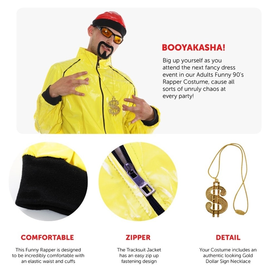 image 1 of 90's Rapper Costume - Red Hat, Glasses, Goatee, Dollar Chain & Spliff Yellow | L