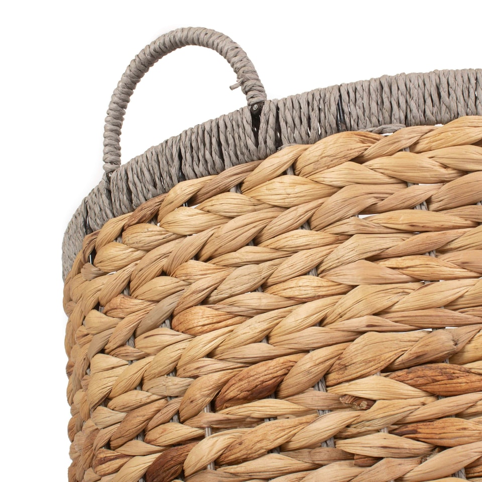 image 1 of Round Water Hyacinth Basket with Grey Rope Border Brown | Brown | L