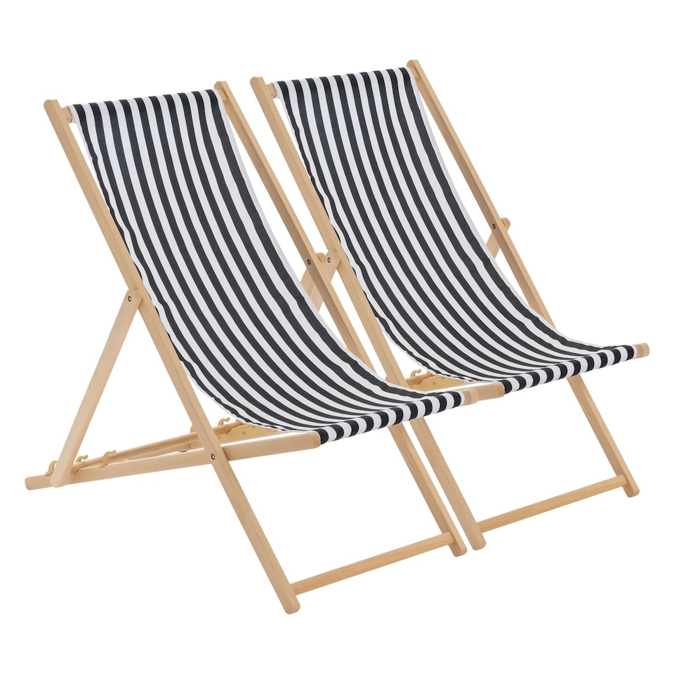image 1 of Harbour Housewares Folding Wooden Deck Chairs - Black Stripe - Pack of 2 | Black | Black