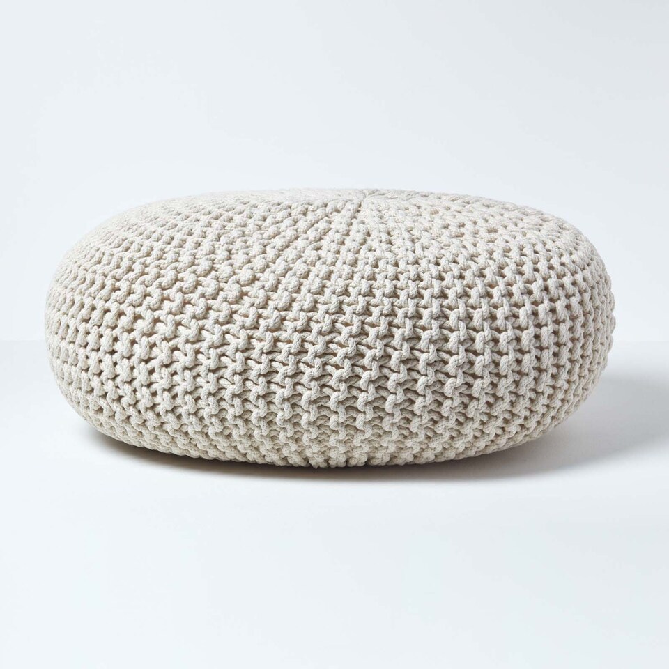 image 1 of Homescapes Natural Large Round Cotton Knitted Pouffe Footstool | Cream | 70 x 23 cm