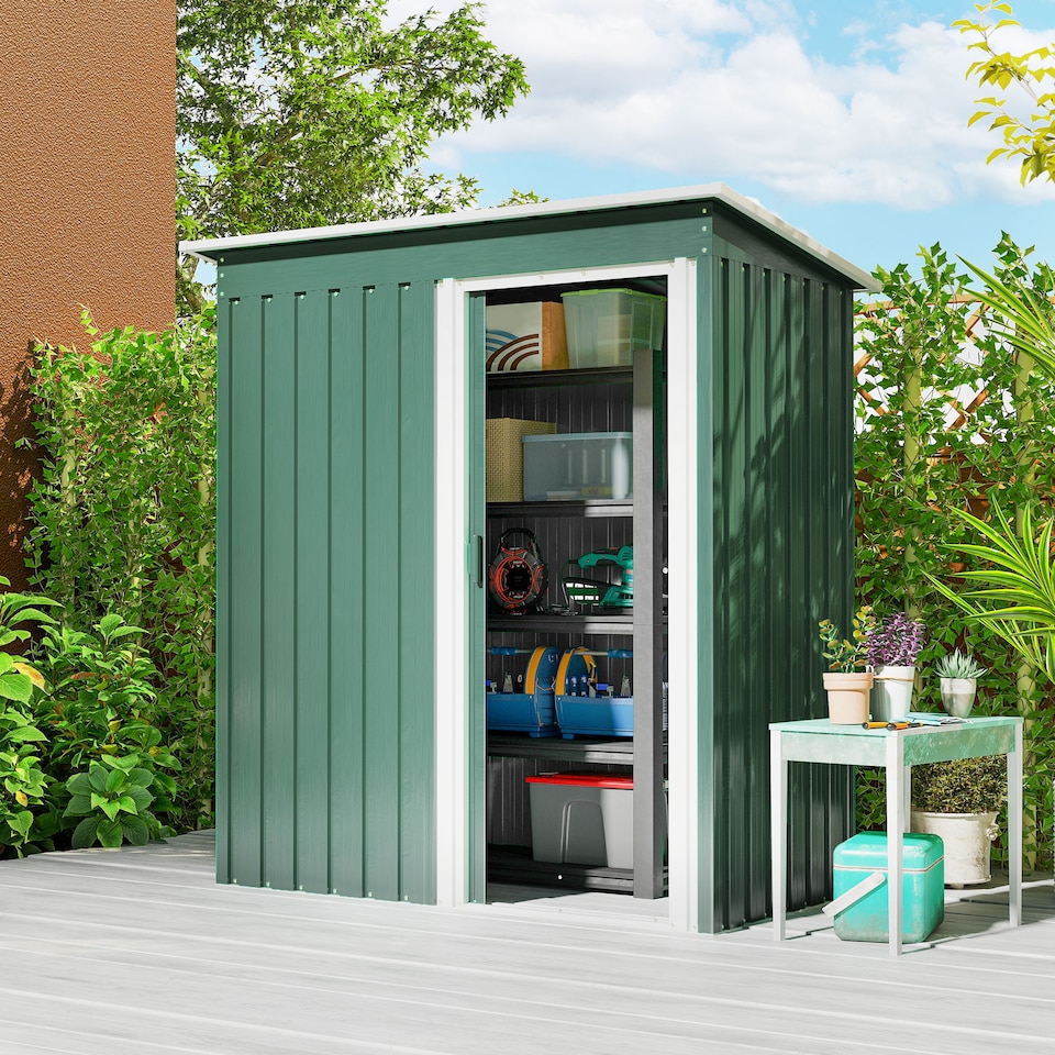 image 1 of Outsunny 5 x 3ft Garden Storage Shed with Sliding Door and Sloped Roof, Lean to Outdoor Equipment Tool Shed for Garden, Green