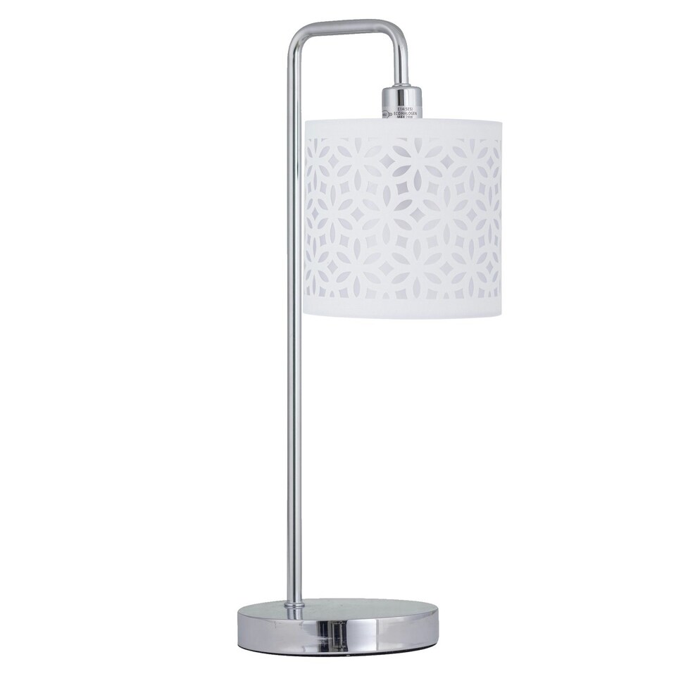 image 1 of First Choice Lighting Chrome Arched Table Lamp with White Laser Cut Shade Chrome | White