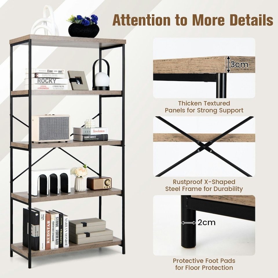 image 1 of COSTWAY 5-Tier Bookshelf Wood Bookcase Display Rack Grey Grey