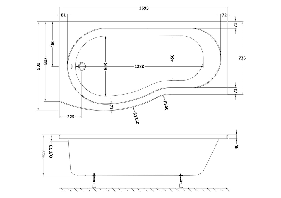 image 1 of Modern B Shape Left Hand Shower Bath Tub with Leg Set, 1700mm - White | White | White