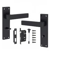 Golden Grace Victorian Straight Delta Door Handles Bathroom WC Toilet Complete in Matt Black with (GG) 64mm Bathroom Mortise Lock - 150mm x 40mm Backplate Black