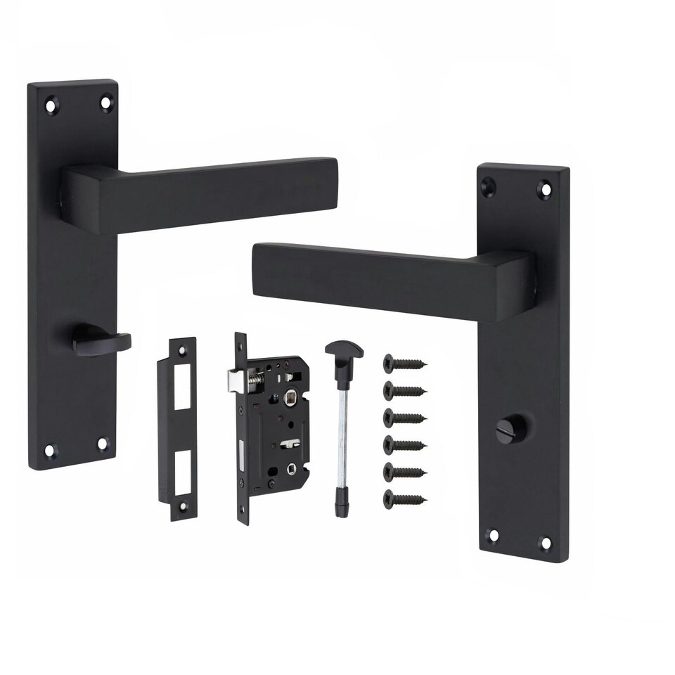 image 1 of Golden Grace Victorian Straight Delta Door Handles Bathroom WC Toilet Complete in Matt Black with (GG) 64mm Bathroom Mortise Lock - 150mm x 40mm Backplate Black